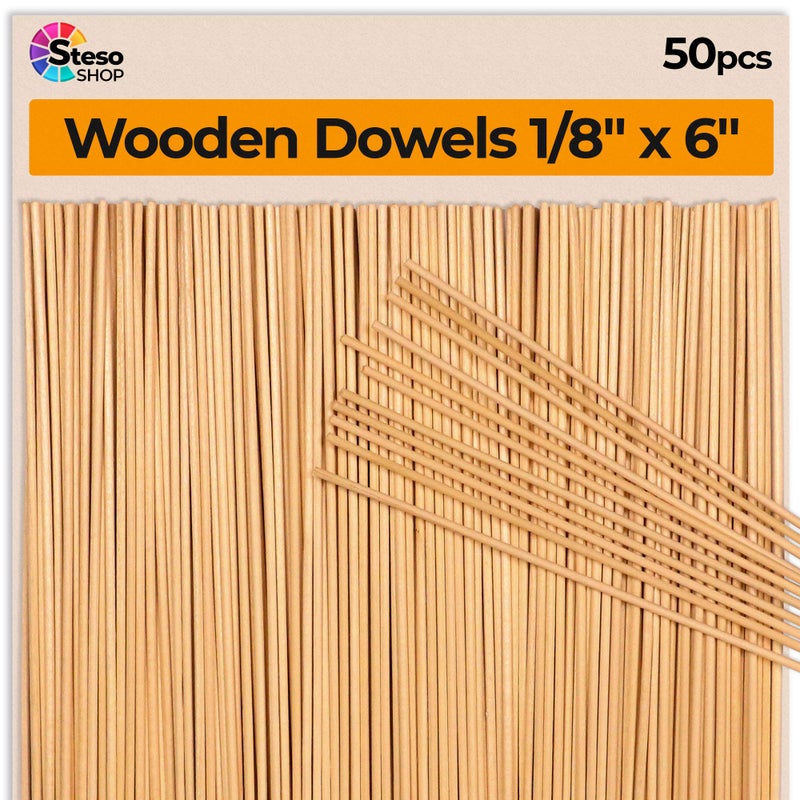 StesoSHOP Wooden Dowel Rods 6 inch - 1/8 Hardwood Dowels - Craft Dowels for Woodworking Project 50 pcs - for Model Building Games Kids Crafts Handmade Gifts Home Decor (1/8)â€¦ - Image 1